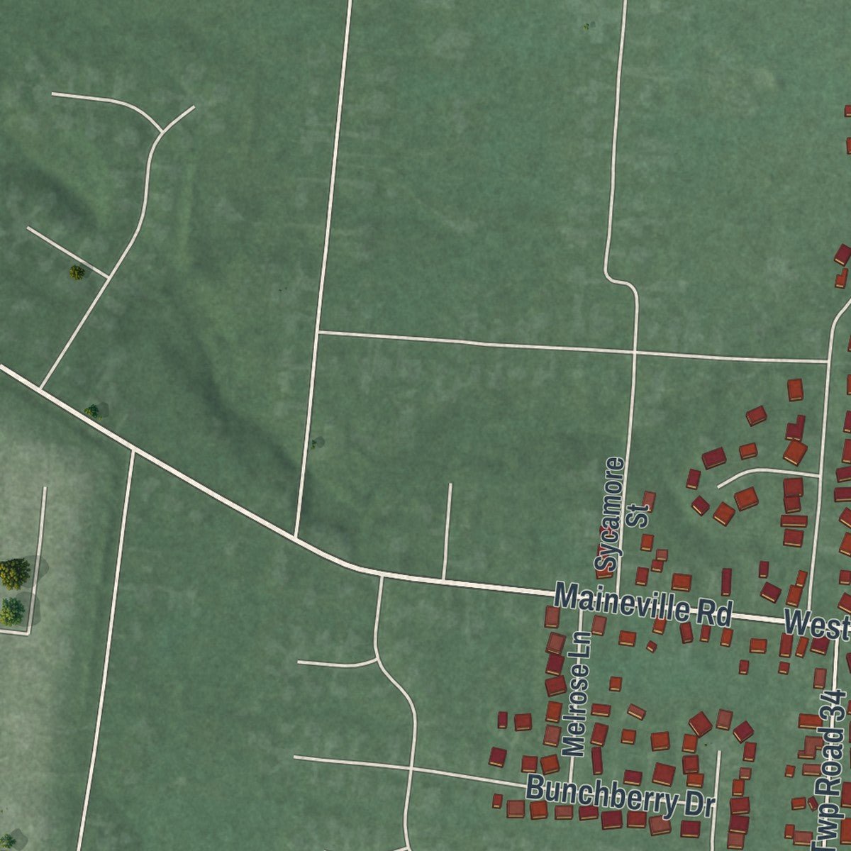 Second close-up of the map of Maineville, Ohio print showing more streets and buildings