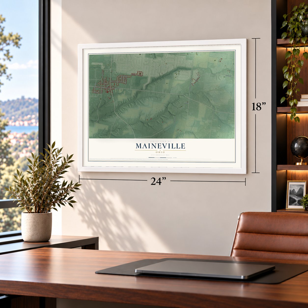 Maineville, Ohio map, 18 x 24 inch print in a white frame in a home office