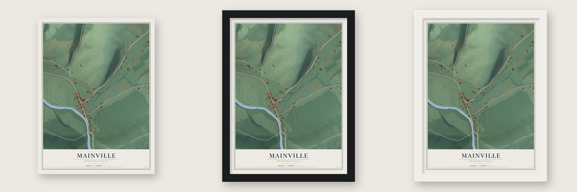 Mainville, Pennsylvania map unframed, in a black wood frame and in a white wood frame