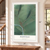 Mainville, Pennsylvania map, 24 x 36 inch print in a white frame by a staircase