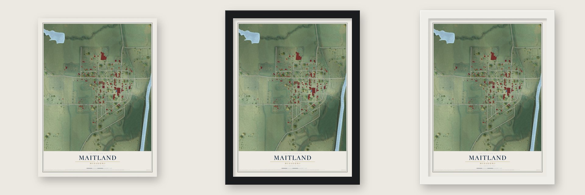Maitland, Missouri map unframed, in a black wood frame and in a white wood frame