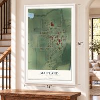 Maitland, Missouri map, 24 x 36 inch print in a white frame by a staircase