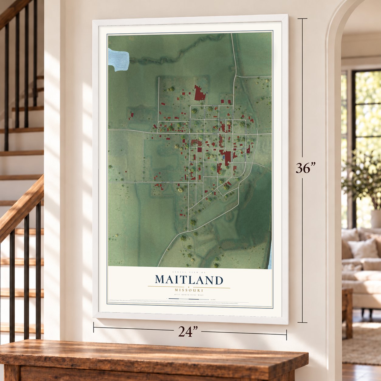 Maitland, Missouri map, 24 x 36 inch print in a white frame by a staircase