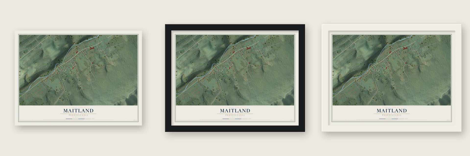 Maitland, Pennsylvania map unframed, in a black wood frame and in a white wood frame