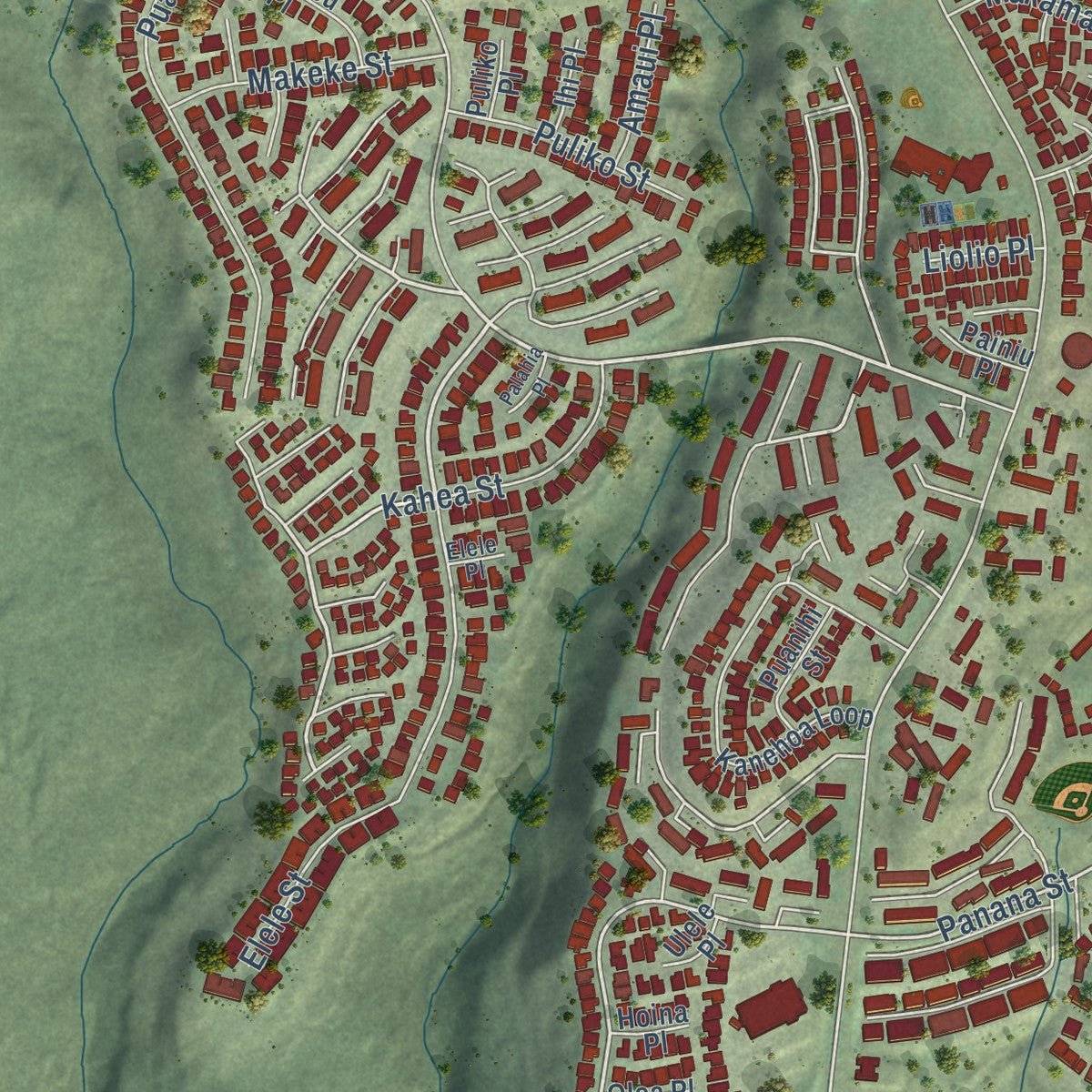 Second close-up of the map of Makakilo, Hawaii print showing more streets and buildings