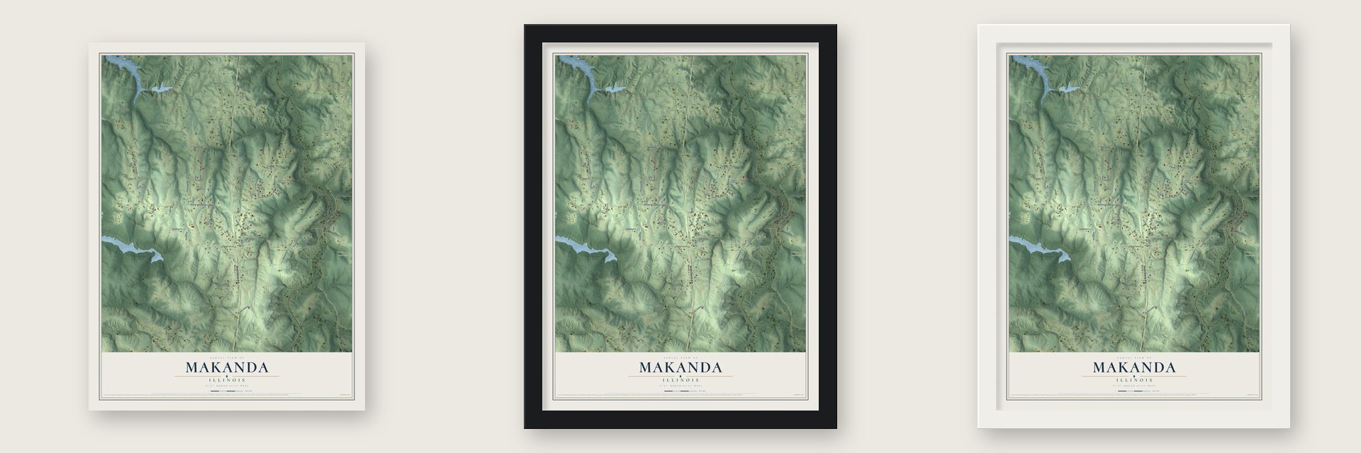 Makanda, Illinois map unframed, in a black wood frame and in a white wood frame