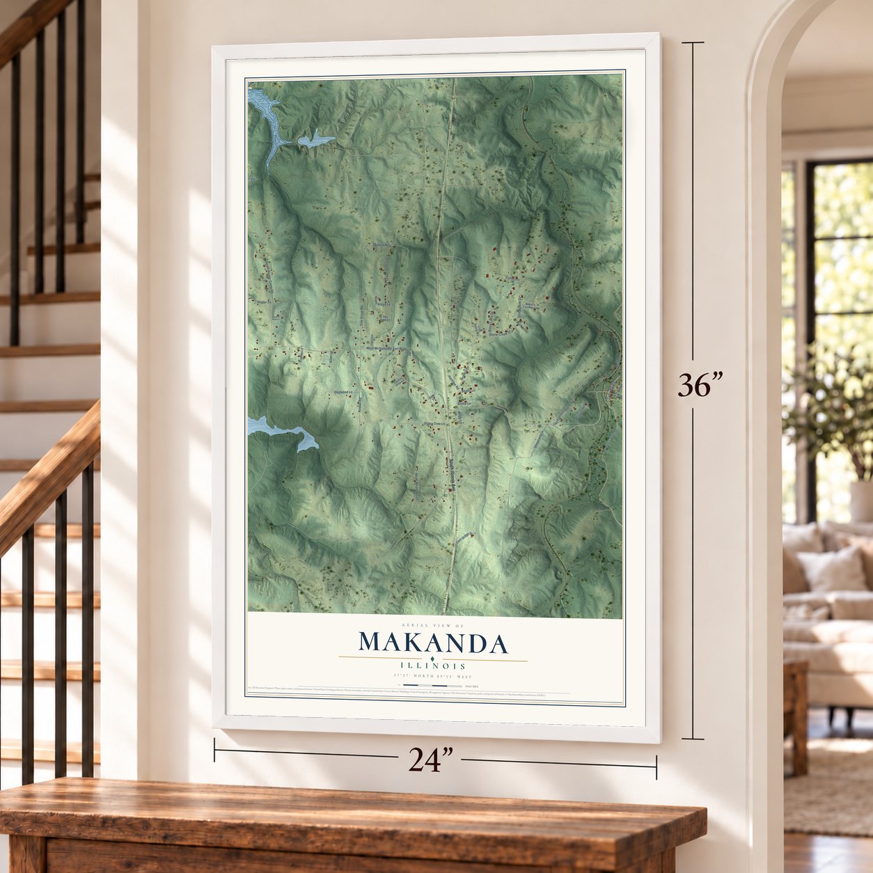 Makanda, Illinois map, 24 x 36 inch print in a white frame by a staircase