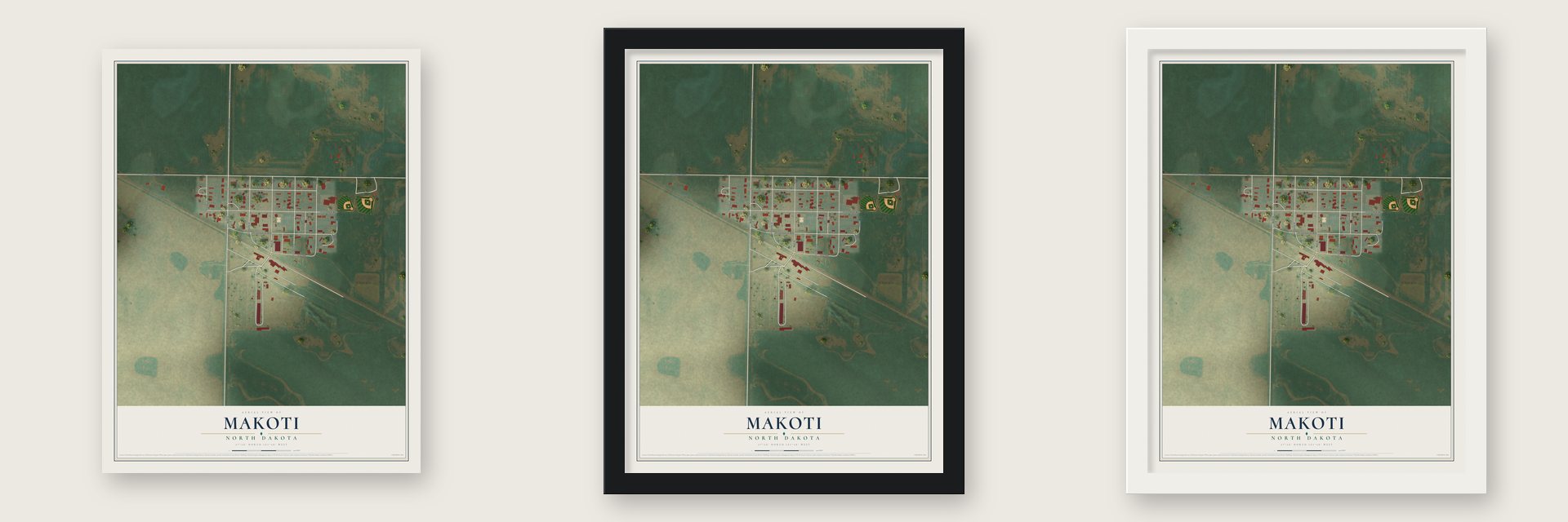 Makoti, North Dakota map unframed, in a black wood frame and in a white wood frame