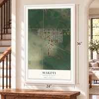 Makoti, North Dakota map, 24 x 36 inch print in a white frame by a staircase
