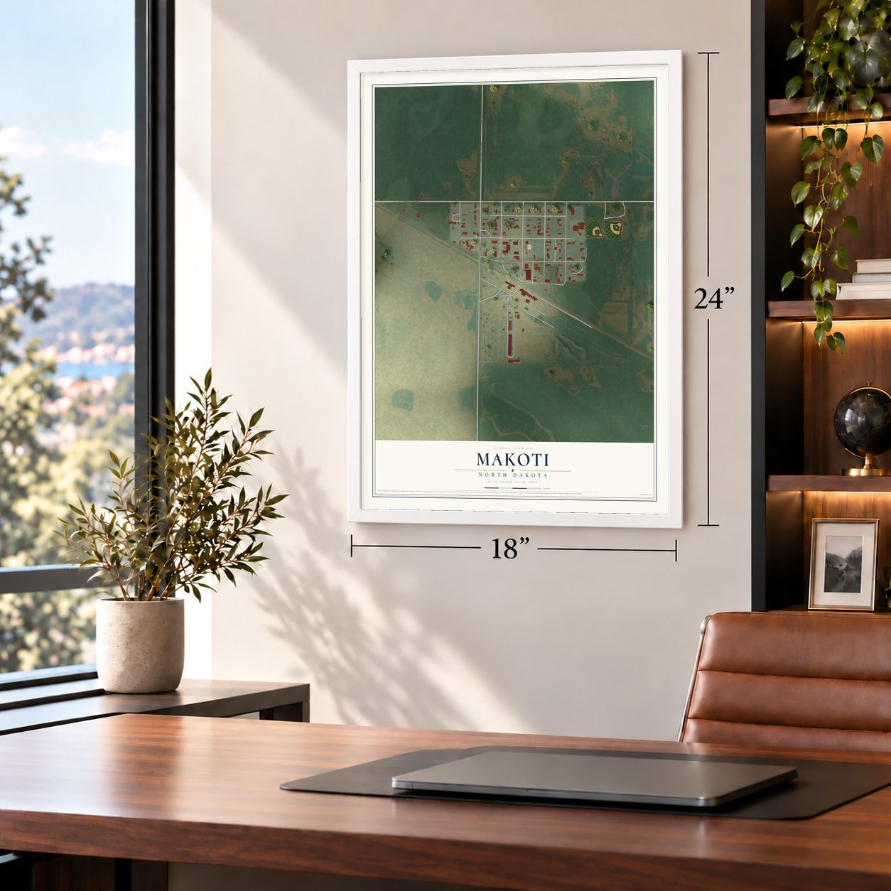 Makoti, North Dakota map, 18 x 24 inch print in a white frame in a home office