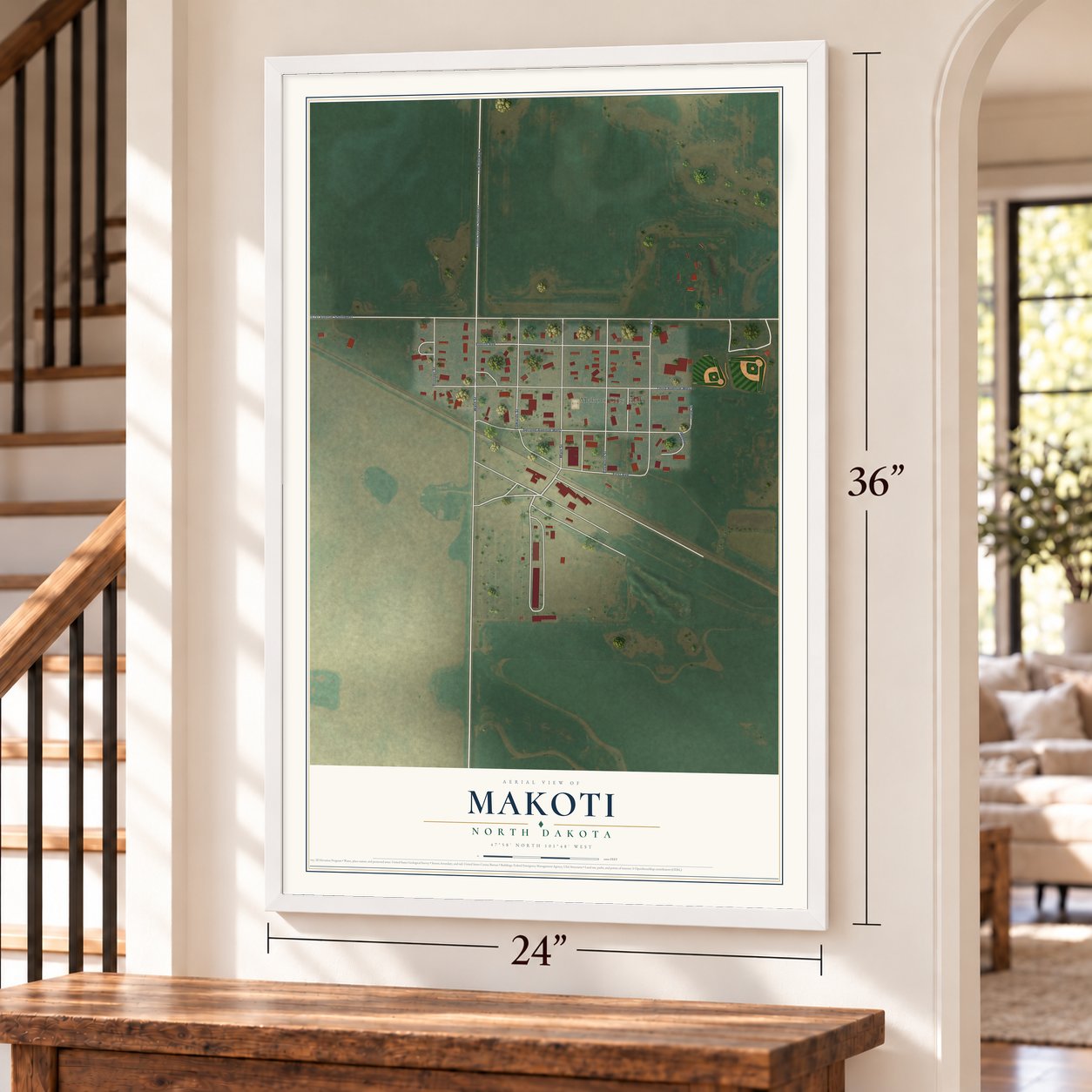 Makoti, North Dakota map, 24 x 36 inch print in a white frame by a staircase
