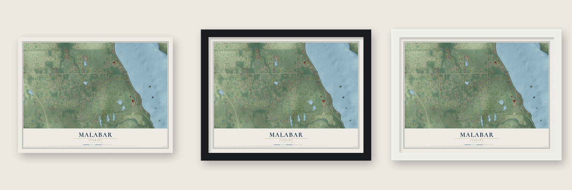 Malabar, Florida map unframed, in a black wood frame and in a white wood frame