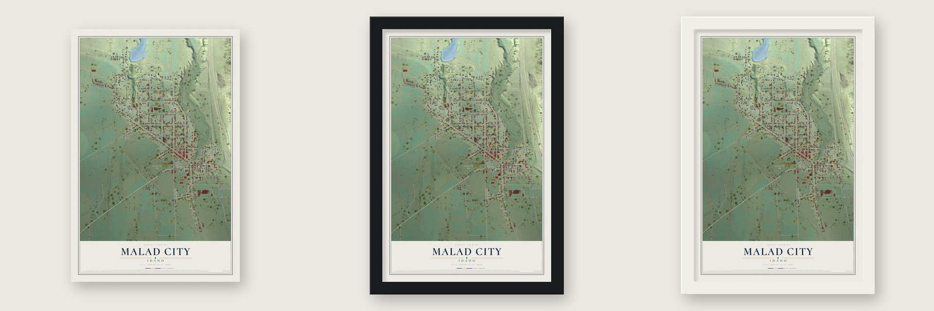 Malad City, Idaho map unframed, in a black wood frame and in a white wood frame