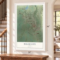 Malad City, Idaho map, 24 x 36 inch print in a white frame by a staircase