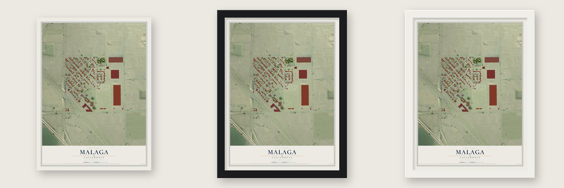 Malaga, California map unframed, in a black wood frame and in a white wood frame