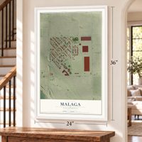 Malaga, California map, 24 x 36 inch print in a white frame by a staircase