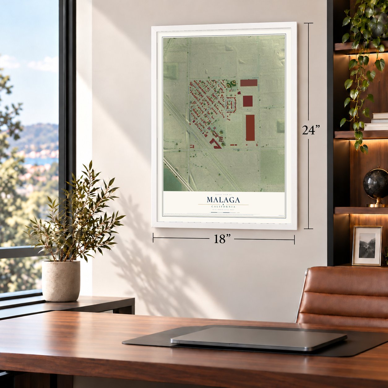 Malaga, California map, 18 x 24 inch print in a white frame in a home office
