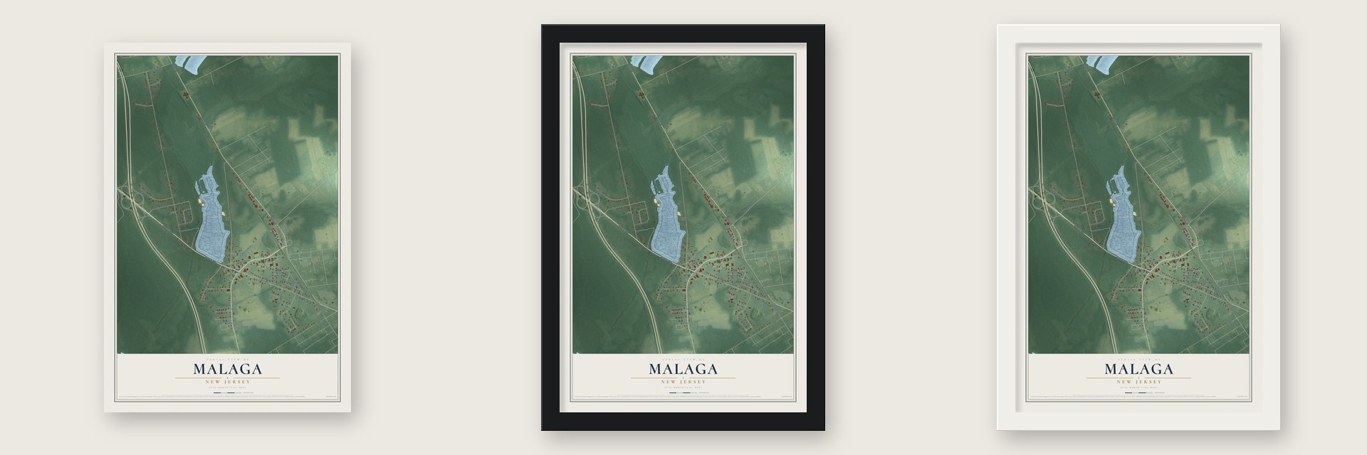 Malaga, New Jersey map unframed, in a black wood frame and in a white wood frame