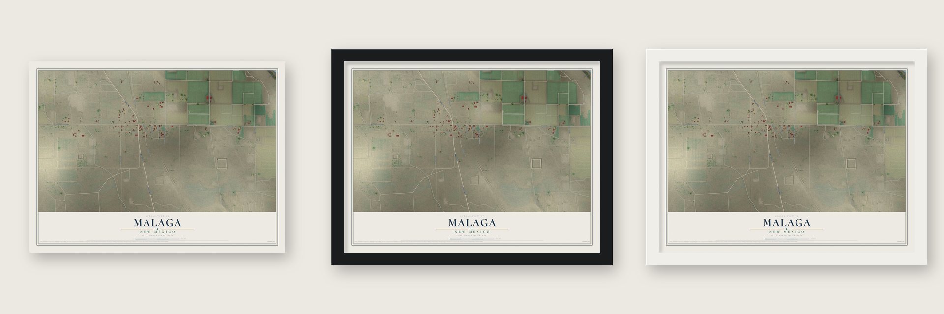 Malaga, New Mexico map unframed, in a black wood frame and in a white wood frame