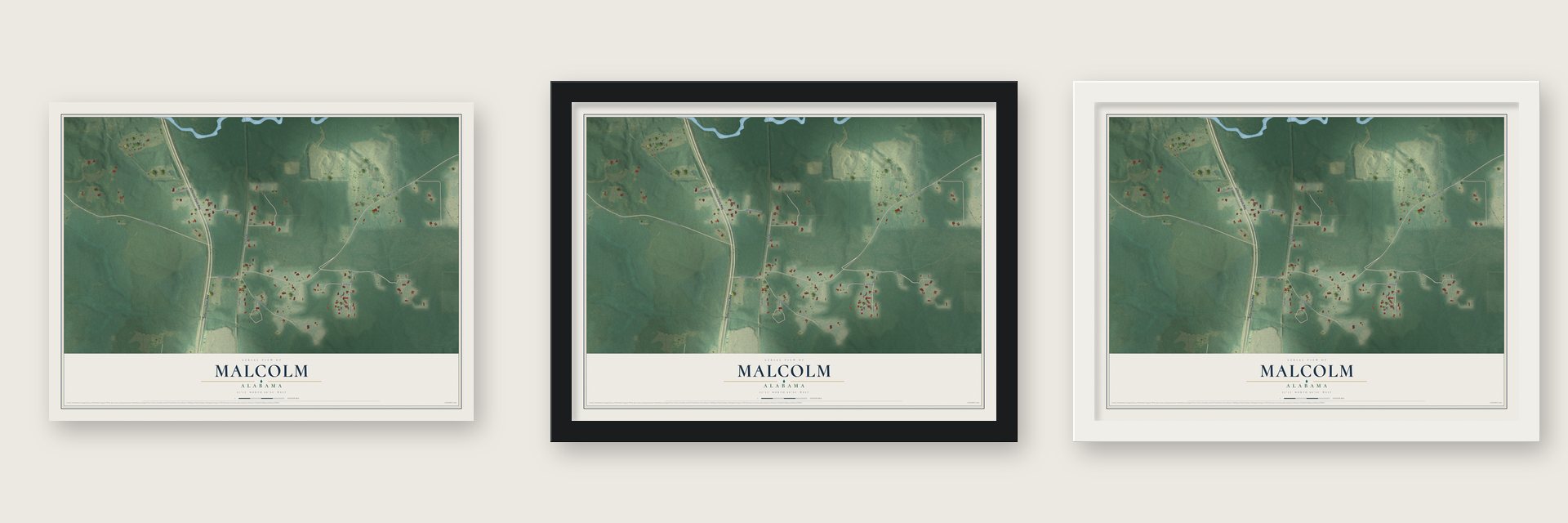 Malcolm, Alabama map unframed, in a black wood frame and in a white wood frame