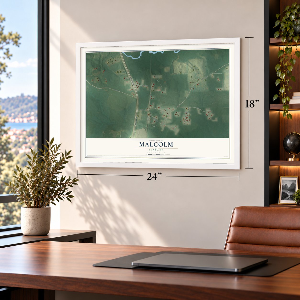 Malcolm, Alabama map, 18 x 24 inch print in a white frame in a home office