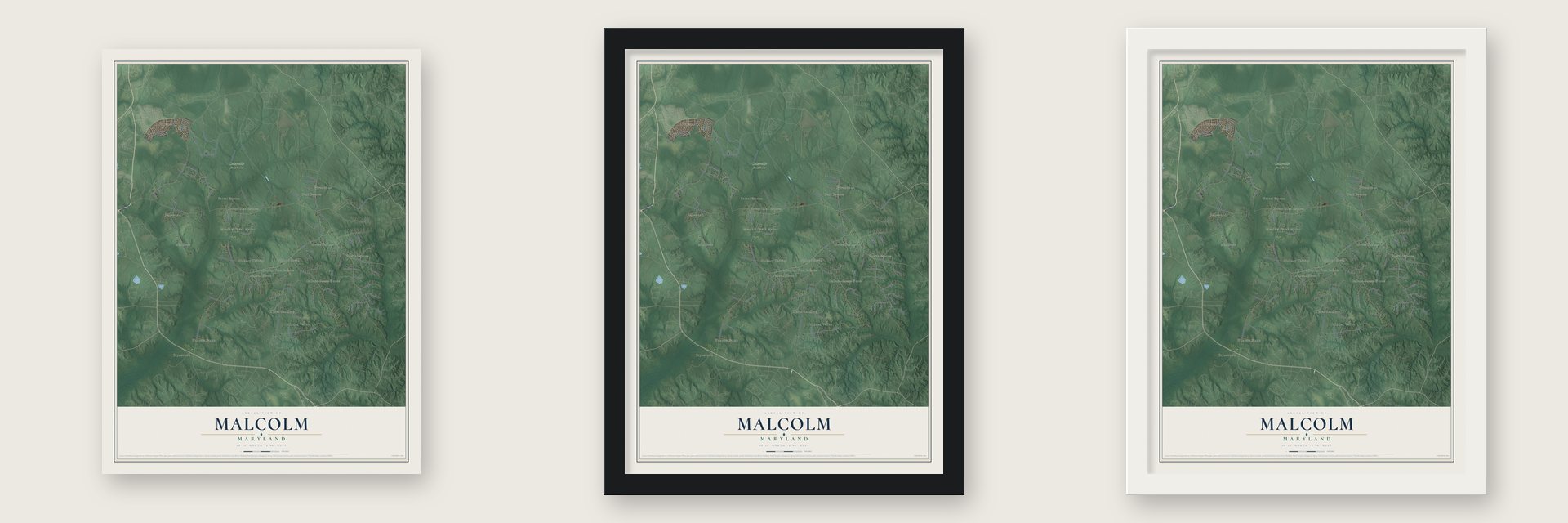 Malcolm, Maryland map unframed, in a black wood frame and in a white wood frame