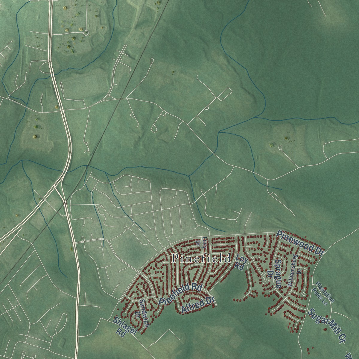 Second close-up of the map of Malcolm, Maryland print showing more streets and buildings