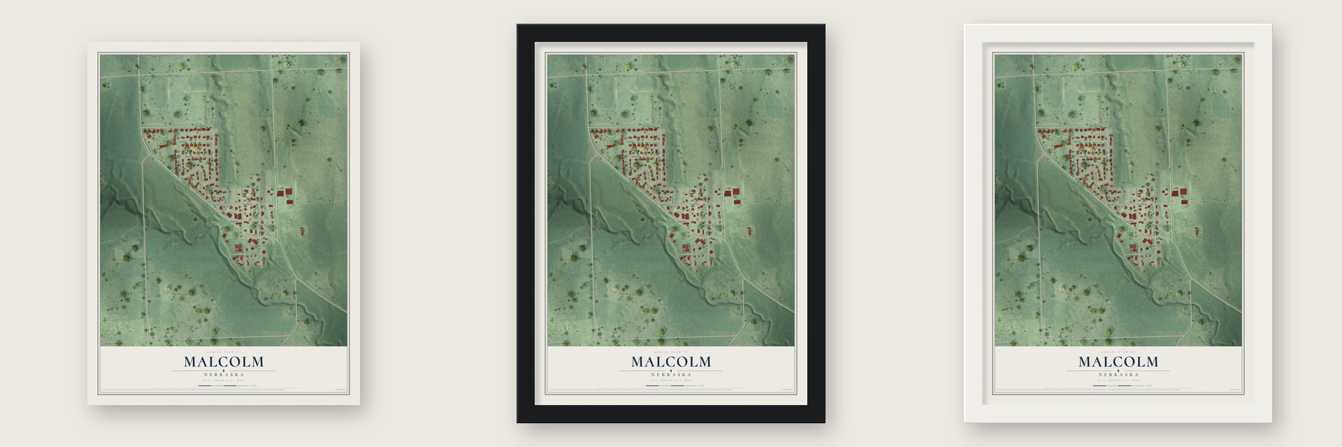 Malcolm, Nebraska map unframed, in a black wood frame and in a white wood frame