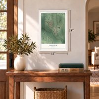 Malcolm, Nebraska map, 12 x 18 inch print in a white frame in an entryway