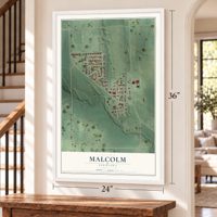 Malcolm, Nebraska map, 24 x 36 inch print in a white frame by a staircase