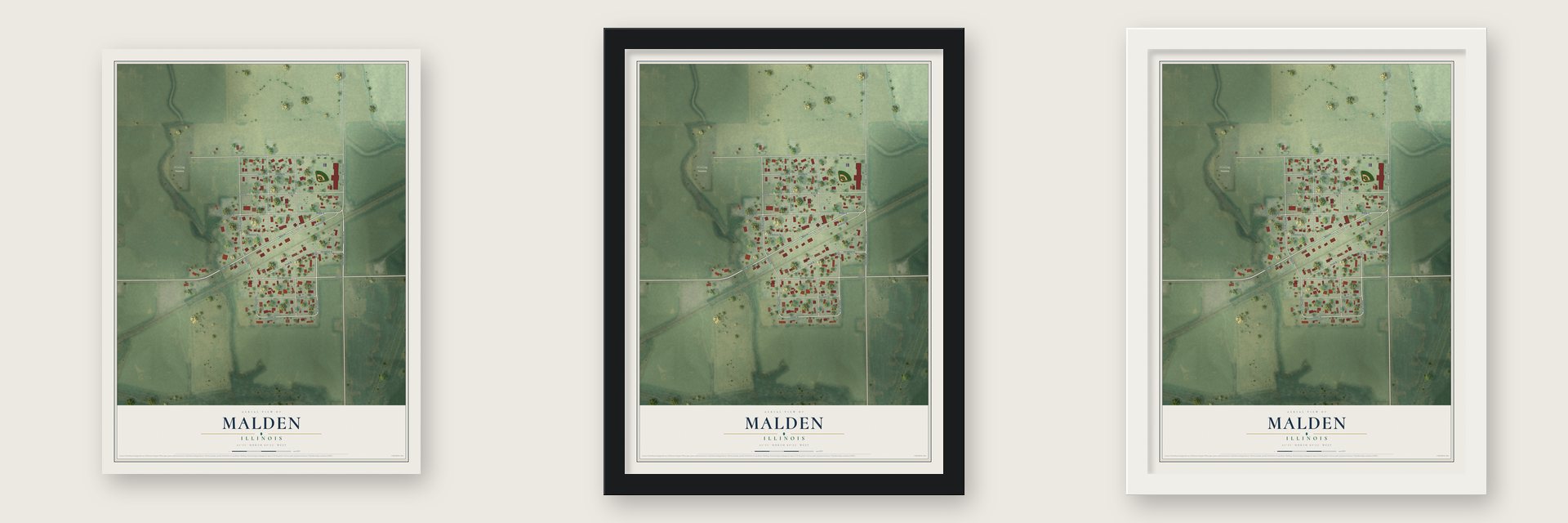 Malden, Illinois map unframed, in a black wood frame and in a white wood frame