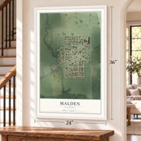 Malden, Illinois map, 24 x 36 inch print in a white frame by a staircase