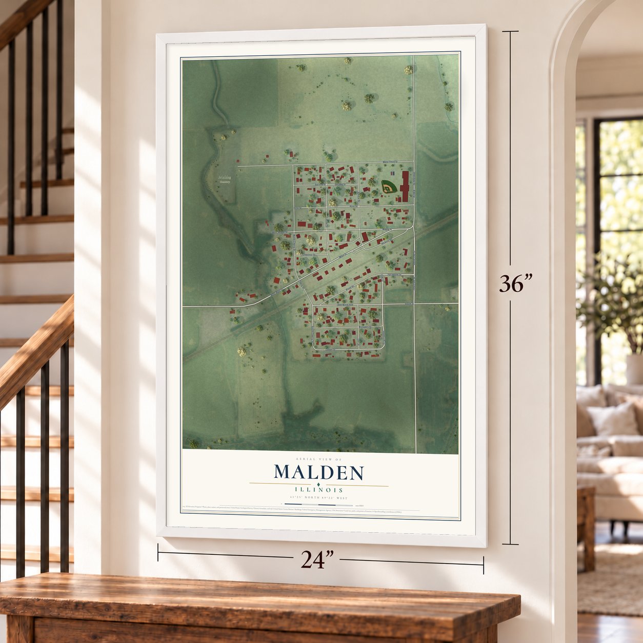 Malden, Illinois map, 24 x 36 inch print in a white frame by a staircase