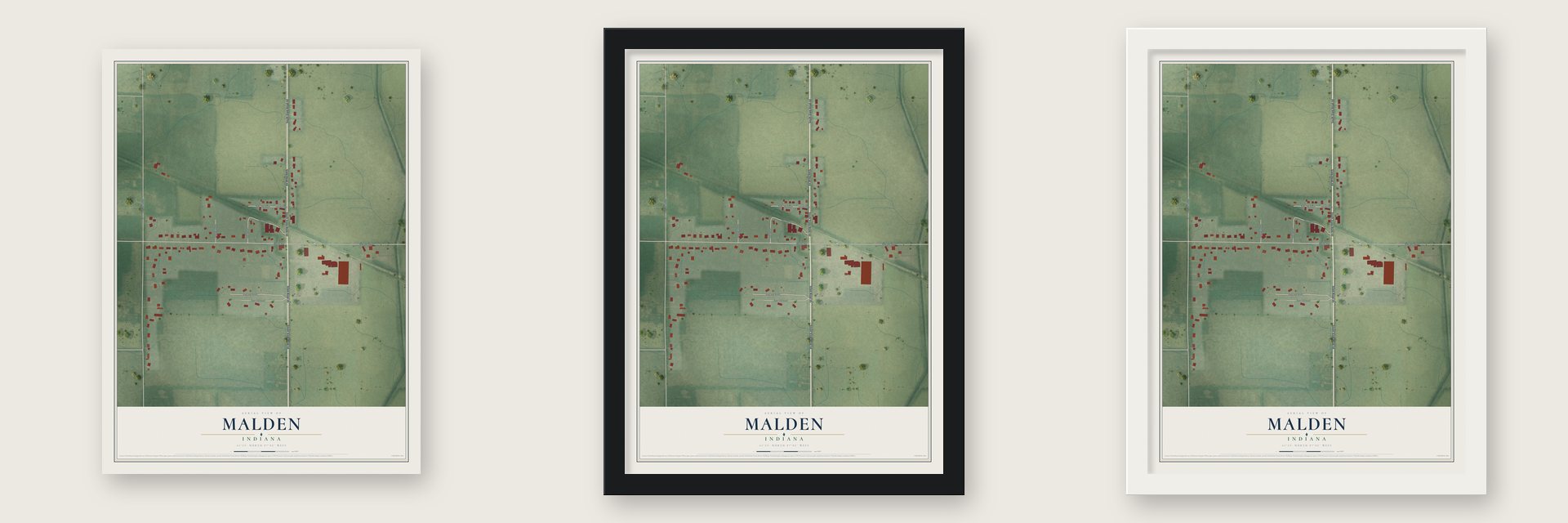 Malden, Indiana map unframed, in a black wood frame and in a white wood frame