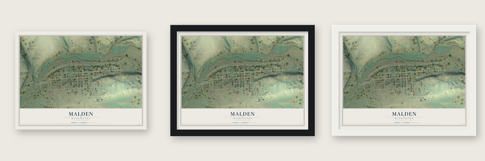 Malden, Washington map unframed, in a black wood frame and in a white wood frame