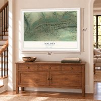 Malden, Washington map, 24 x 36 inch print in a white frame above a dresser by a staircase