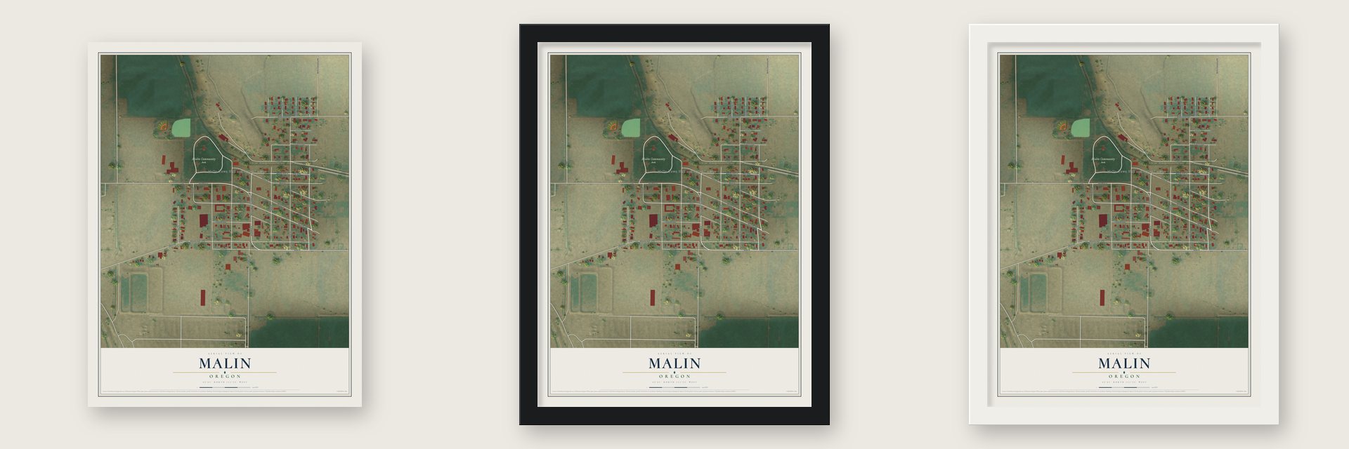 Malin, Oregon map unframed, in a black wood frame and in a white wood frame