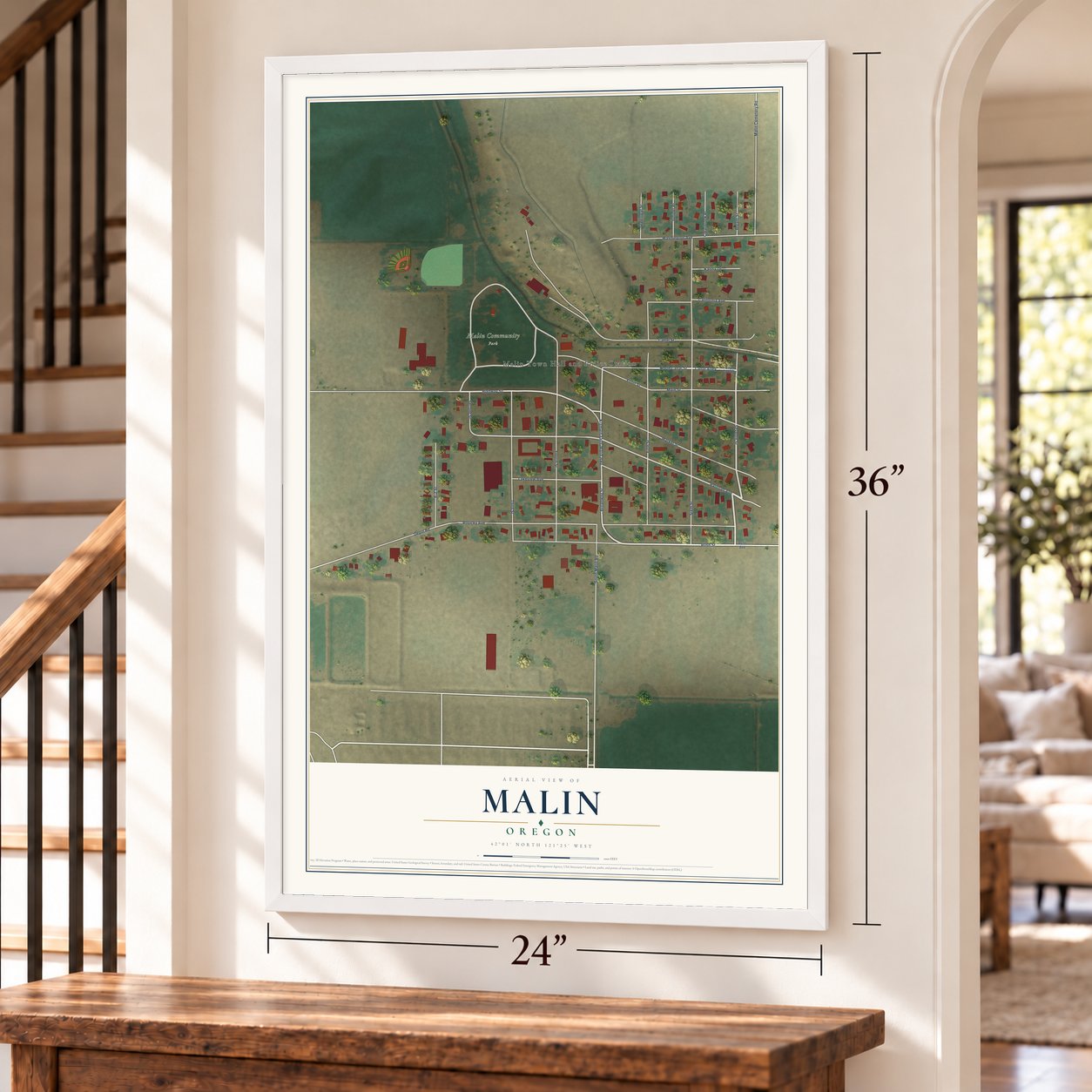 Malin, Oregon map, 24 x 36 inch print in a white frame by a staircase