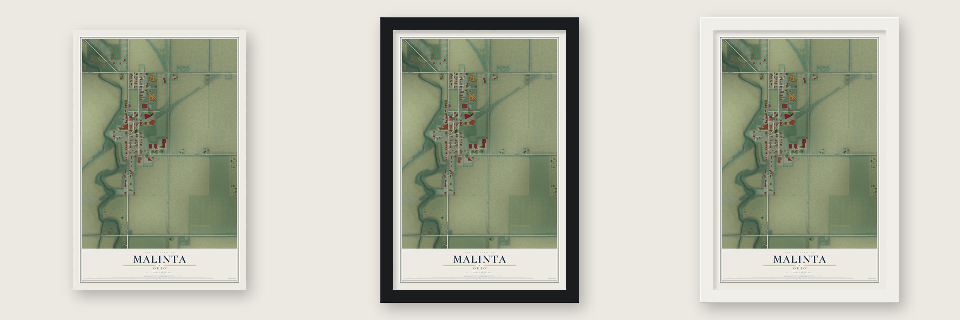 Malinta, Ohio map unframed, in a black wood frame and in a white wood frame
