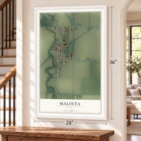 Malinta, Ohio map, 24 x 36 inch print in a white frame by a staircase