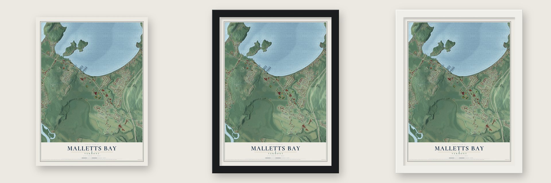 Malletts Bay, Vermont map unframed, in a black wood frame and in a white wood frame