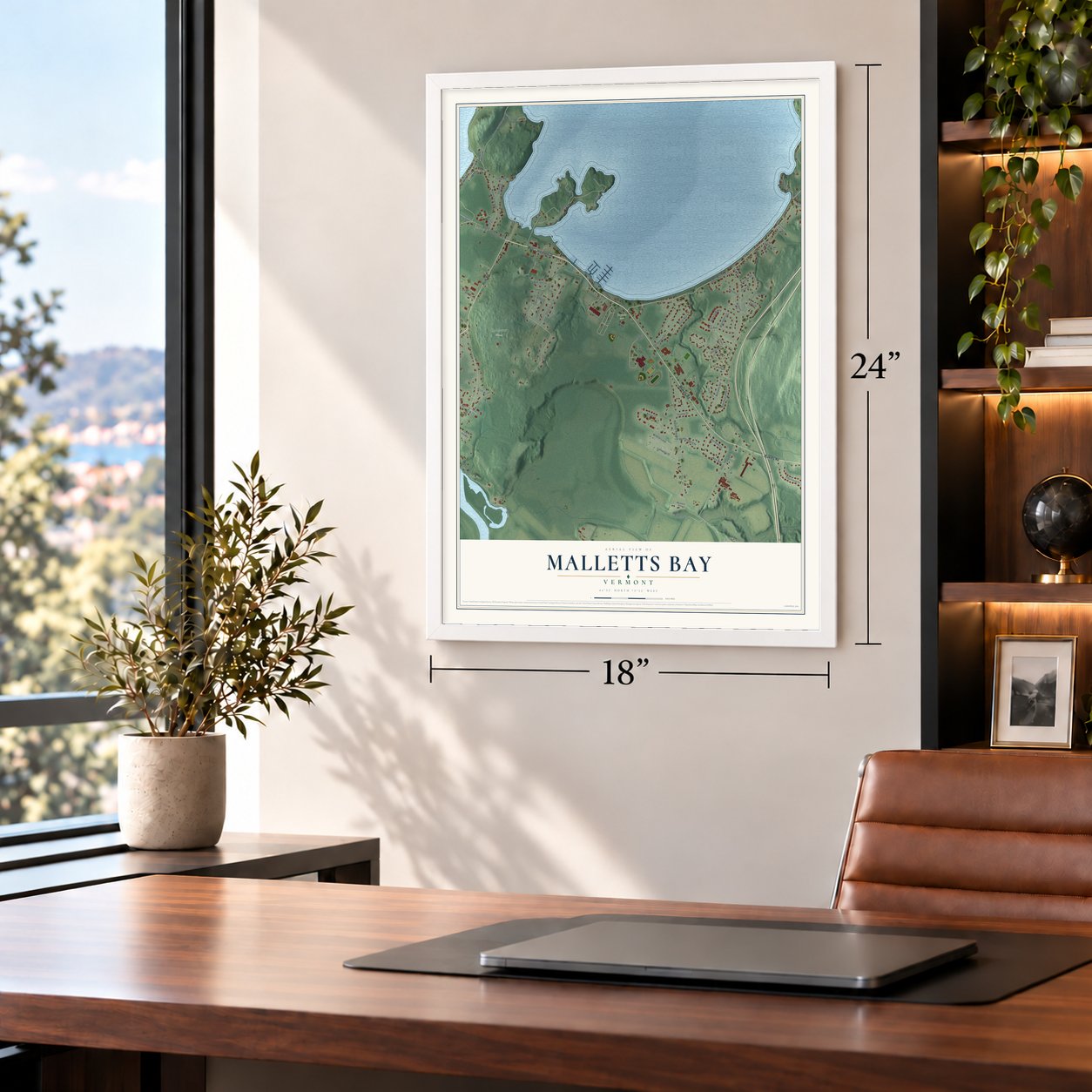 Malletts Bay, Vermont map, 18 x 24 inch print in a white frame in a home office