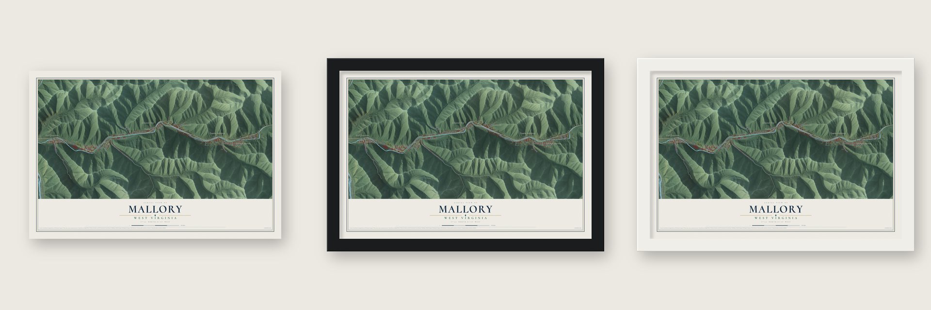 Mallory, West Virginia map unframed, in a black wood frame and in a white wood frame