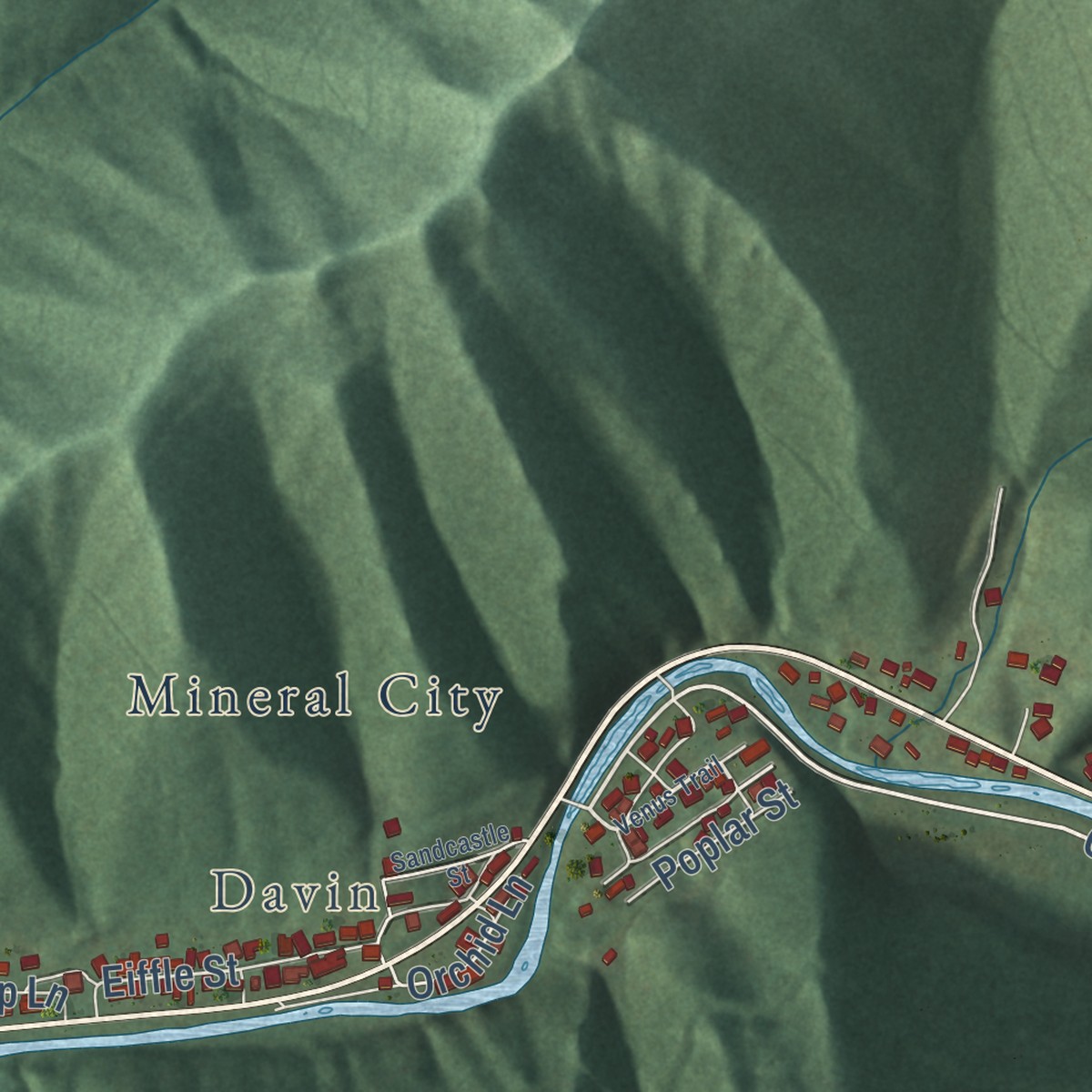 Second close-up of the map of Mallory, West Virginia print showing more streets and buildings