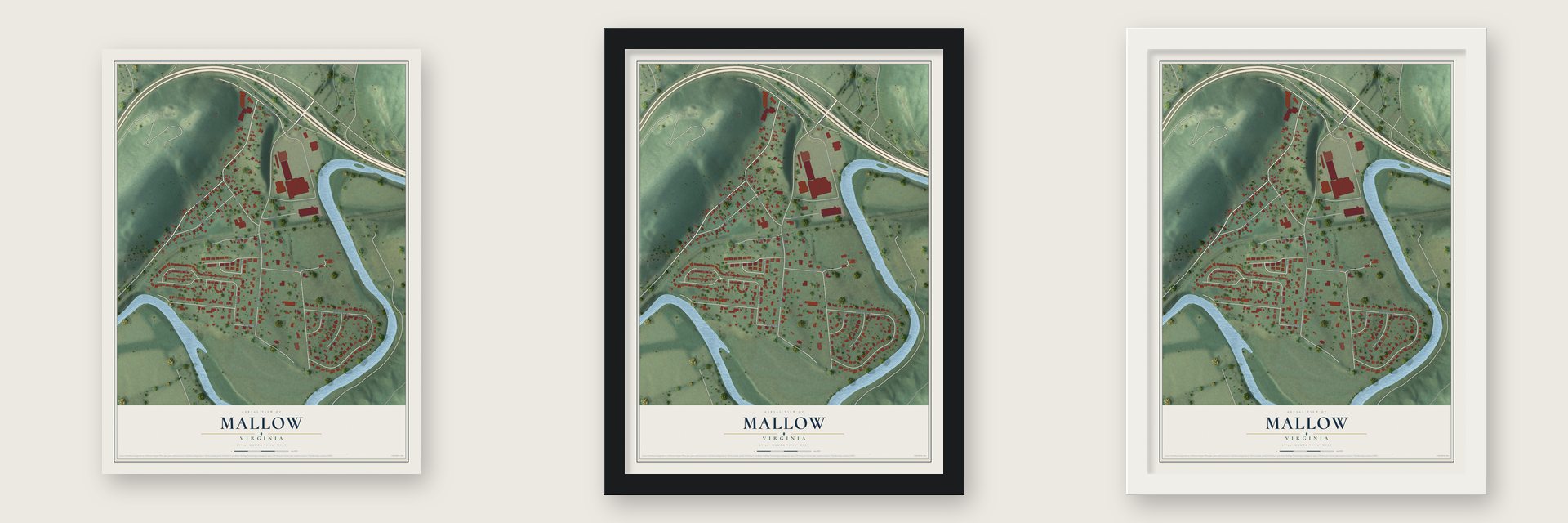 Mallow, Virginia map unframed, in a black wood frame and in a white wood frame