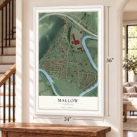 Mallow, Virginia map, 24 x 36 inch print in a white frame by a staircase