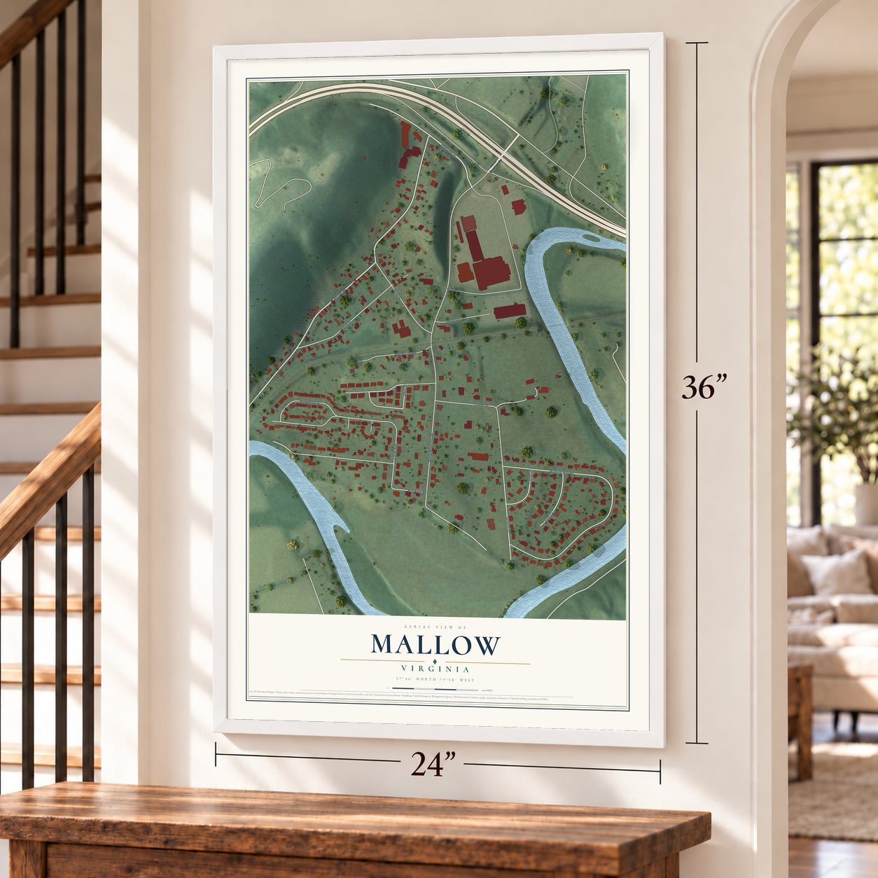Mallow, Virginia map, 24 x 36 inch print in a white frame by a staircase