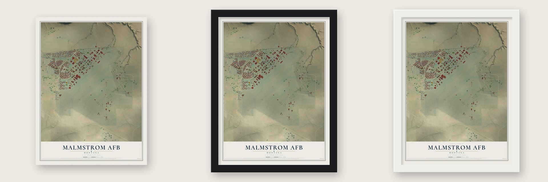 Malmstrom AFB, Montana map unframed, in a black wood frame and in a white wood frame