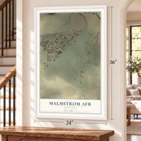 Malmstrom AFB, Montana map, 24 x 36 inch print in a white frame by a staircase