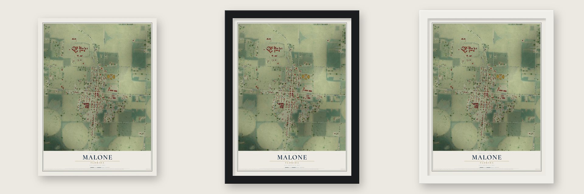 Malone, Florida map unframed, in a black wood frame and in a white wood frame